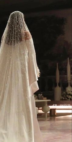 the back of a bride's wedding dress with beading on it and veil