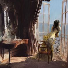 a painting of a woman sitting on a chair in front of a window looking out at the ocean