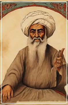 an old man with a long white beard and wearing a turban sitting down