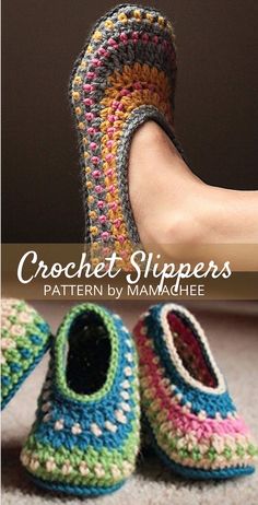 crochet slippers pattern by mammaheee book cover with woman's feet wearing colorful slippers