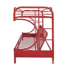 a red metal bunk bed frame with stairs