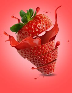 two strawberries are splashing into each other on a pink background with red liquid