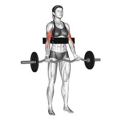 a woman is holding a barbell with her right arm