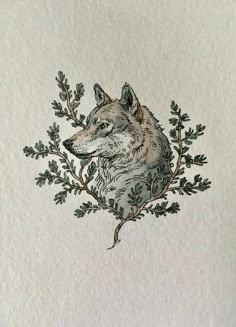 a drawing of a wolf sitting on top of a leafy branch in front of a white wall