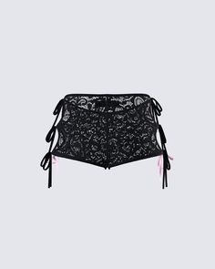 Make them work for it in these black lace tie shorts 😜 With a cheeky fit and satin bows, you’ll be the only present they’ll ever want or need 🖤🎀 Black Lace Shorts Outfit, Lace Sewing Projects, Fitted Lace Trim Shorts, Black Mini Bottoms With Lace Trim, Lace Short Outfits, Black Mini Skirt With Lace Trim, Black Lace Mini Skirt, Black Lace Trim Shorts, Lace Clothes