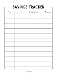 Savings tracker with columns for date, amount, description and balance. Blank Savings Chart, Savings Challenge Tracker Free, Savings Tracker Printable Free, Savings Tracker Template, Spending Tracker Printable, Savings Challenge Monthly, Monthly Savings Challenge, Printable Savings Tracker, Financial Budget Planner