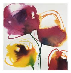 an abstract painting of three flowers on a white background