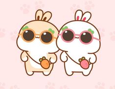 two cute little animals wearing sunglasses and holding carrots in front of a pink background