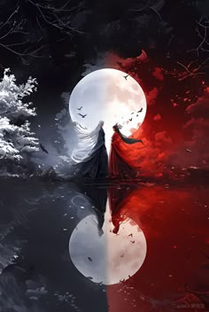 a woman standing in front of a full moon with red and white colors on it