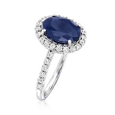 Ross-Simons - 3.30ct Sapphire, .56ct t. w. Diamond Ring Oval Cut in 14kt White Gold. Size 8. Perfect for blue enthusiasts or September-born gemstone lovers, this classic ring boasts a deep and velvety 3.30 carat oval sapphire, framed in .56 ct. t. w. round brilliant-cut diamonds. Finely crafted in polished 14kt white gold. 1/2" wide. Diamond and sapphire ring. Sapphire birthstones are the perfect gift for September birthdays. September Born, Diamond Ring Oval, Diamond And Sapphire Ring, Sapphire Birthstone, September Birthday, Sapphire Rings, Ring Sapphire, Sapphire And Diamond Ring, Ring Oval