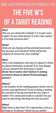 the five w's of a tarot reading text on a pink background with question marks