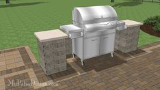 an outdoor bbq grill with two stools next to it on a brick patio