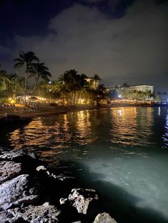 the beach is lit up at night with palm trees and buildings in the back ground