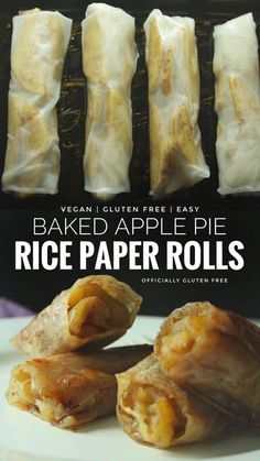 baked apple pie rice paper rolls on a white plate with the title text above it