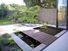 a small pond in the middle of a garden with wooden decking and glass walls