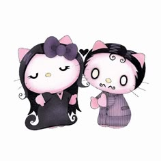 two cartoon cats are standing next to each other, one is wearing a black dress and the other has a pink bow