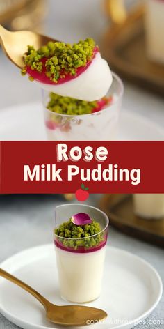 Rose Milk Pudding Recipe Caramelized Pistachios, Strawberry Parfait Recipes, Milk Pudding Recipe, Rose Syrup, Fruit Infused Water Recipes, Mini Dessert Recipes, Milk Pudding, Middle Eastern Desserts