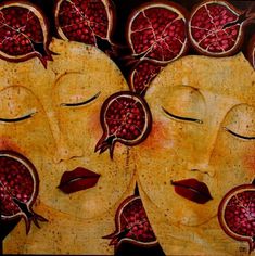 two women with their eyes closed are surrounded by pomegranates and blood vessels