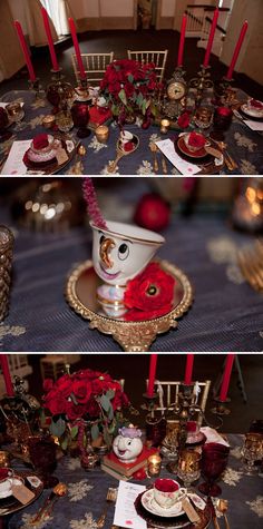 the table is set with red roses and candles