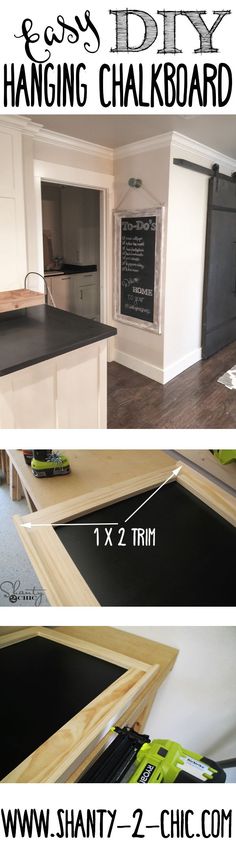 this is an image of a diy hanging chalkboard in the kitchen with text overlay