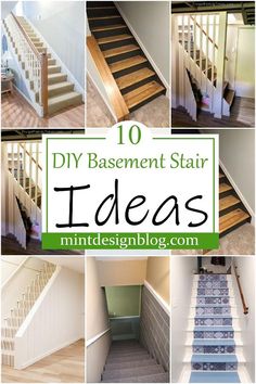 stairs and carpet with the words diy basement stair ideas on them in multiple pictures