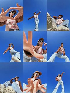 multiple shots of a woman in sunglasses doing different things with her hands and fingers up