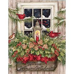 a christmas card with a candle in the window box and holly wreaths on it