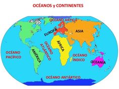 the world is divided by oceans and continents, which are labeled in different colors