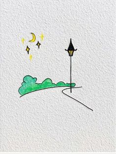 a drawing of a street light on the side of a road with stars in the sky above