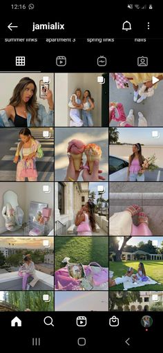 an iphone photo collage with multiple pictures of women in pink outfits and one is taking a selfie