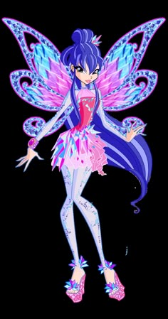 a cartoon fairy with blue hair and purple wings