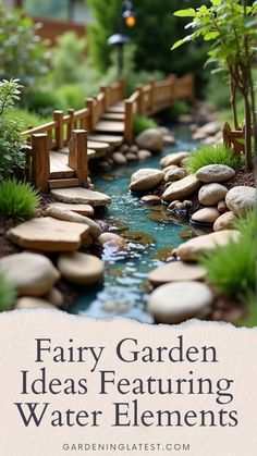 a garden with rocks and water in the middle, surrounded by greenery is an easy way to create a fairy garden