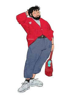 a drawing of a man holding a red bag