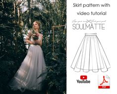 a woman in a white dress is standing next to some trees and plants with the text, skirt pattern with video tutor soulmate