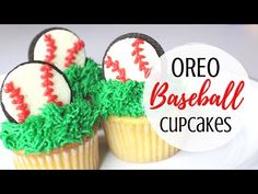 three decorated baseball cupcakes on a plate with the words oreo baseball cupcakes