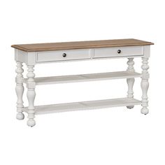 a white wooden table with two drawers on one side and an open shelf on the other