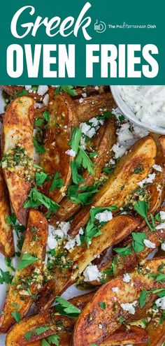 greek oven fries on a white plate topped with parsley