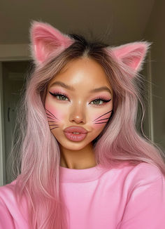 Pink Panther Halloween Costume Woman’s Cat Costume, Halloween Costumes Women For School, Baddie Halloween Costumes Blonde, Pink Cat Halloween Costume, Pink Cat Makeup Halloween, Halloween Costume Celebrities, All Pink Halloween Costume, Pink Pants Halloween Costume, Pink Panther Halloween Costume Women