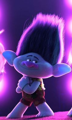 an animated character is standing in front of two other characters, one with dark hair and the other with purple light