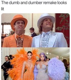 two people dressed in costumes and hats, one is wearing an orange feathered dress