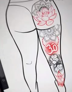 a drawing of a woman's legs with flowers on it and the number 30