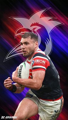 a man holding a rugby ball on top of a purple and red background with an eagle