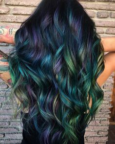 Holographic Hair Dark, Mermaid Hair Color Ideas, Peacock Hair Color, Multicolor Hair, Exotic Hair, Holographic Hair, Peacock Hair, Pulp Riot Hair Color