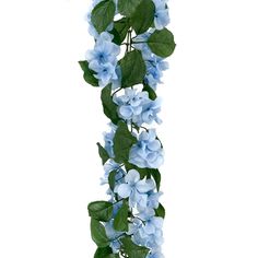 blue flowers and green leaves on a white background