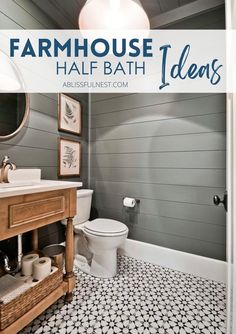 a bathroom with gray walls and black and white tile flooring that has the words farmhouse house half bath ideas above it