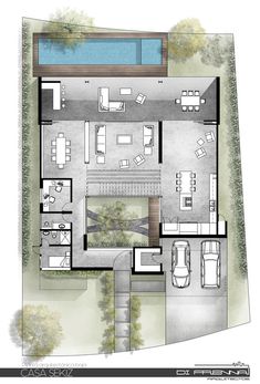 an aerial view of the floor plan of a house with swimming pool and living room