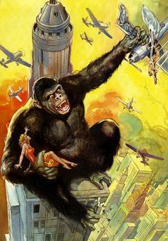 a painting of a gorilla on top of a building with planes flying above it and an airplane in the sky