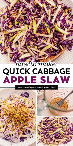 This Labor Day party food idea is a healthy alternative to the classic coleslaw recipe! This apple cabbage slaw is gluten-free, vegan, and vegetarian. Crisp with sweet and tangy flavors, this Quick Cabbage Apple Slaw is one of the best summer BBQ side dishes! Purple Cabbage Slaw For Pulled Pork, Apple Slaw No Mayo, Cabbage And Apple Salad Recipes, Veggie Slaw Recipes, Fall Slaw Recipes, Vegan Slaw Recipes, Cabbage And Apple Slaw, Recipes With Bagged Coleslaw, Fall Coleslaw Recipe