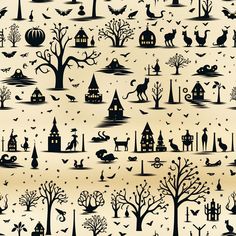 a halloween scene with trees, houses and cats