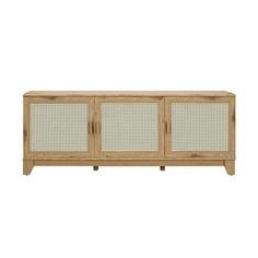 a wooden sideboard with wicker doors on the front and bottom, against a white background